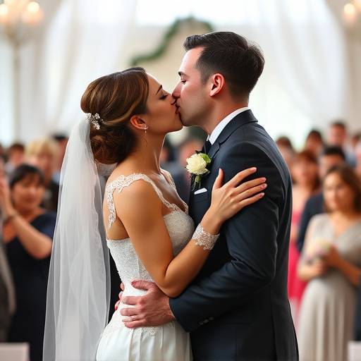 Foto de um casal se beijando durante a cerimônia de casamento, com convidados ao fundo