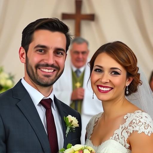 Foto de um casal sorrindo no altar durante a cerimônia de casamento, com o celebrante ao fundo.