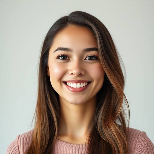 Retrato de uma jovem mulher sorrindo, com iluminação profissional e fundo neutro