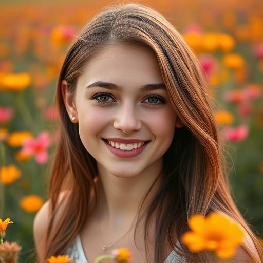 Retrato de uma jovem sorrindo em um campo florido, com luz natural suave e cores vibrantes.