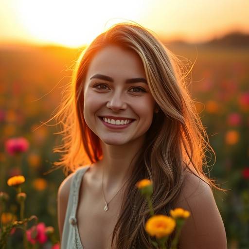 Retrato de uma mulher sorrindo em um campo de flores